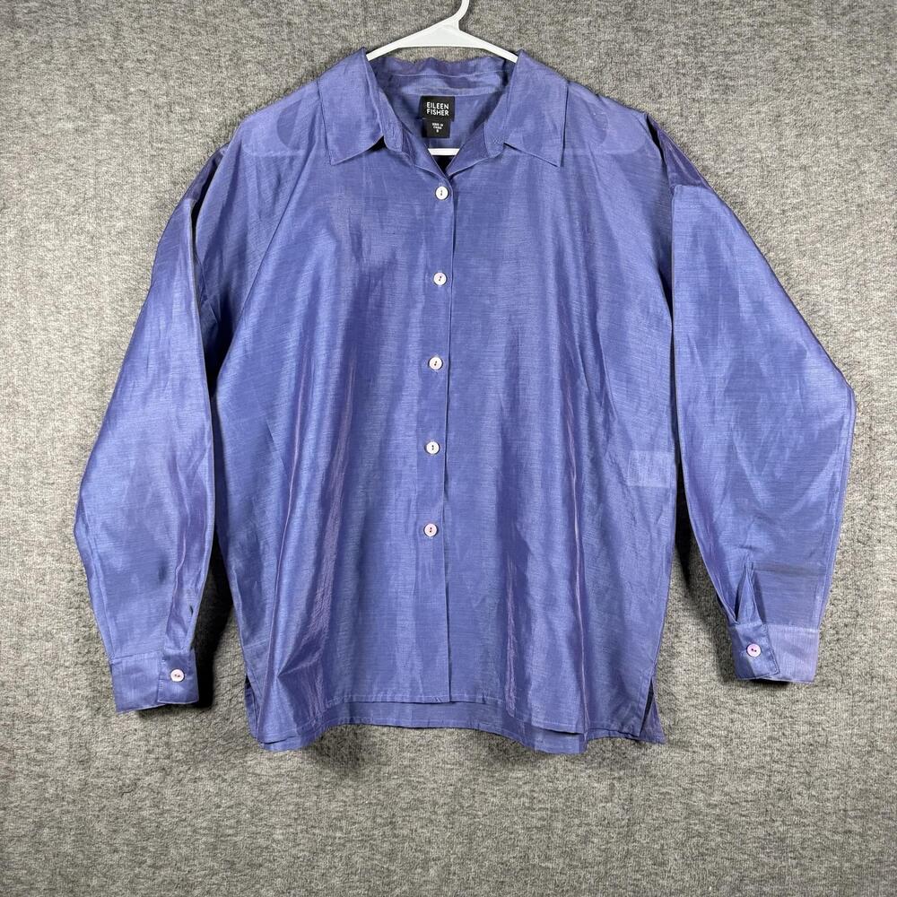 Eileen Fisher Womens Small Blue Linen Blend Long Sleeve Button Front Shirt
